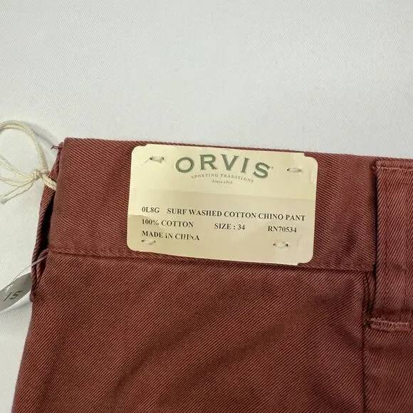 Orvis Pants Mens 34 Rust Surf Washed Cotton Chino Unfinished Hem Straight Leg - Picture 8 of 10